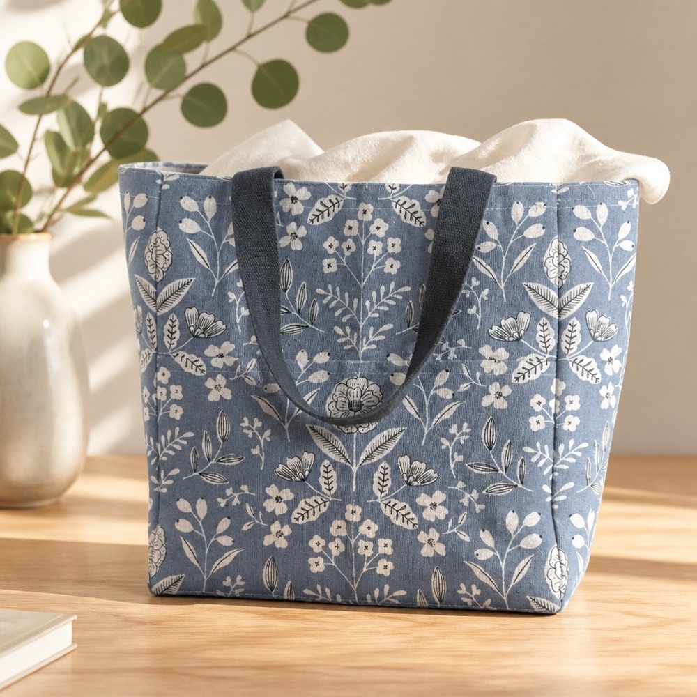Blue Floral Canvas Tote Bag Botanical Print Shoulder Bag Cottagecore Market Bag
